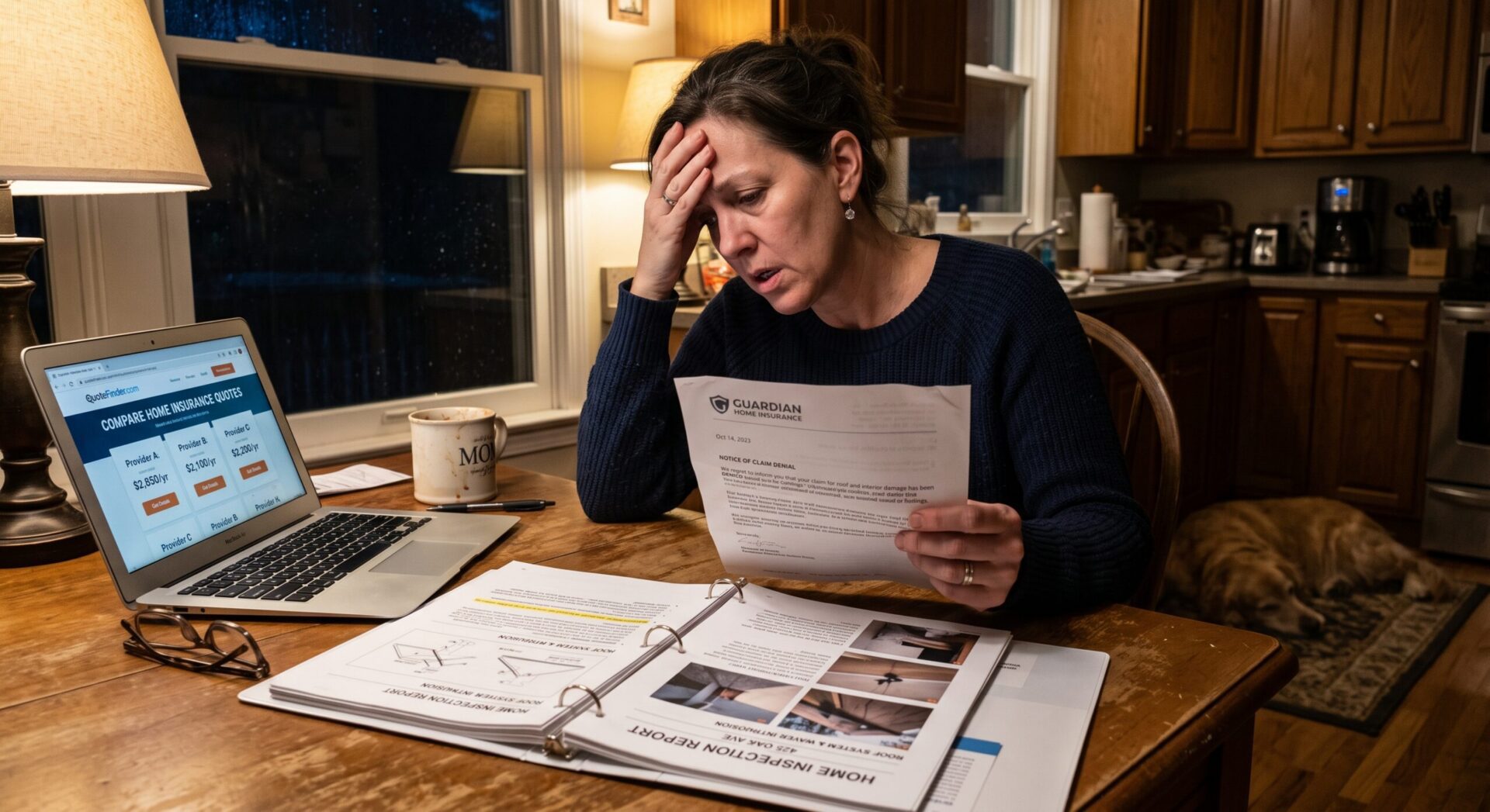 Homeowner reviewing insurance denial letter and inspection report at table