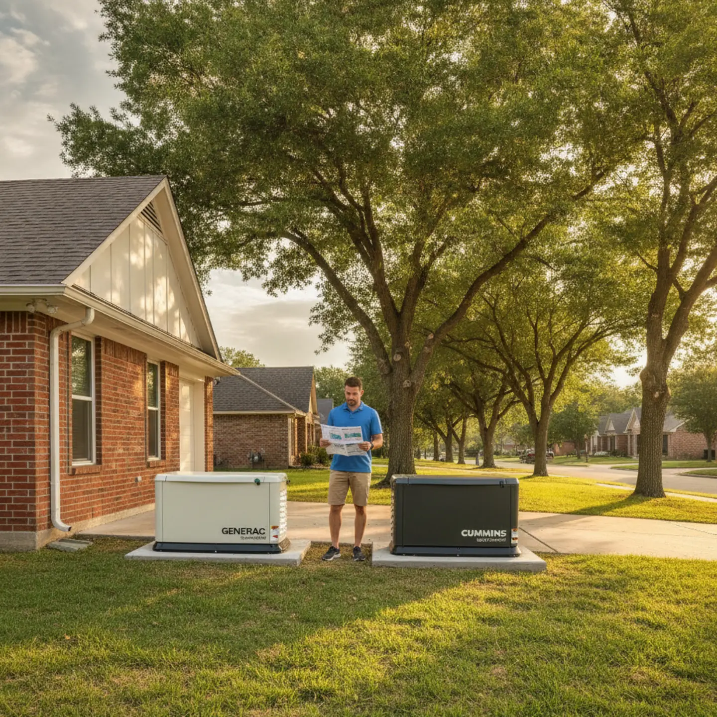 Generac vs Cummins generator comparison in DFW driveway installation
