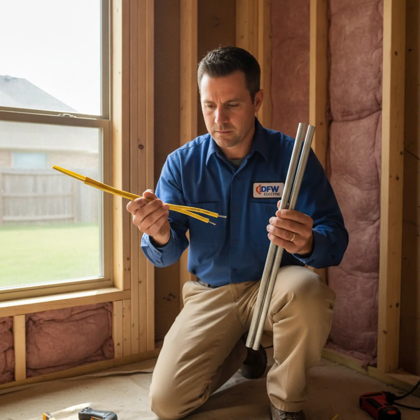 Electrician comparing Romex cable and conduit wiring methods in a home wall cavity