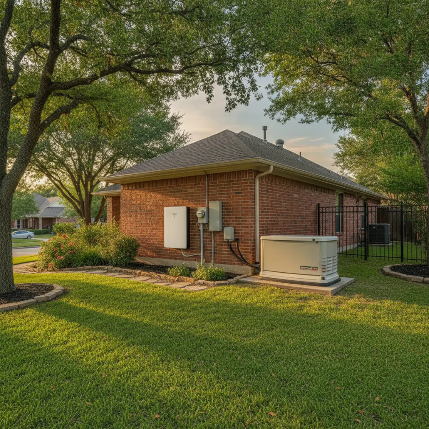 Solar battery storage unit and home generator side-by-side on residential Dallas property