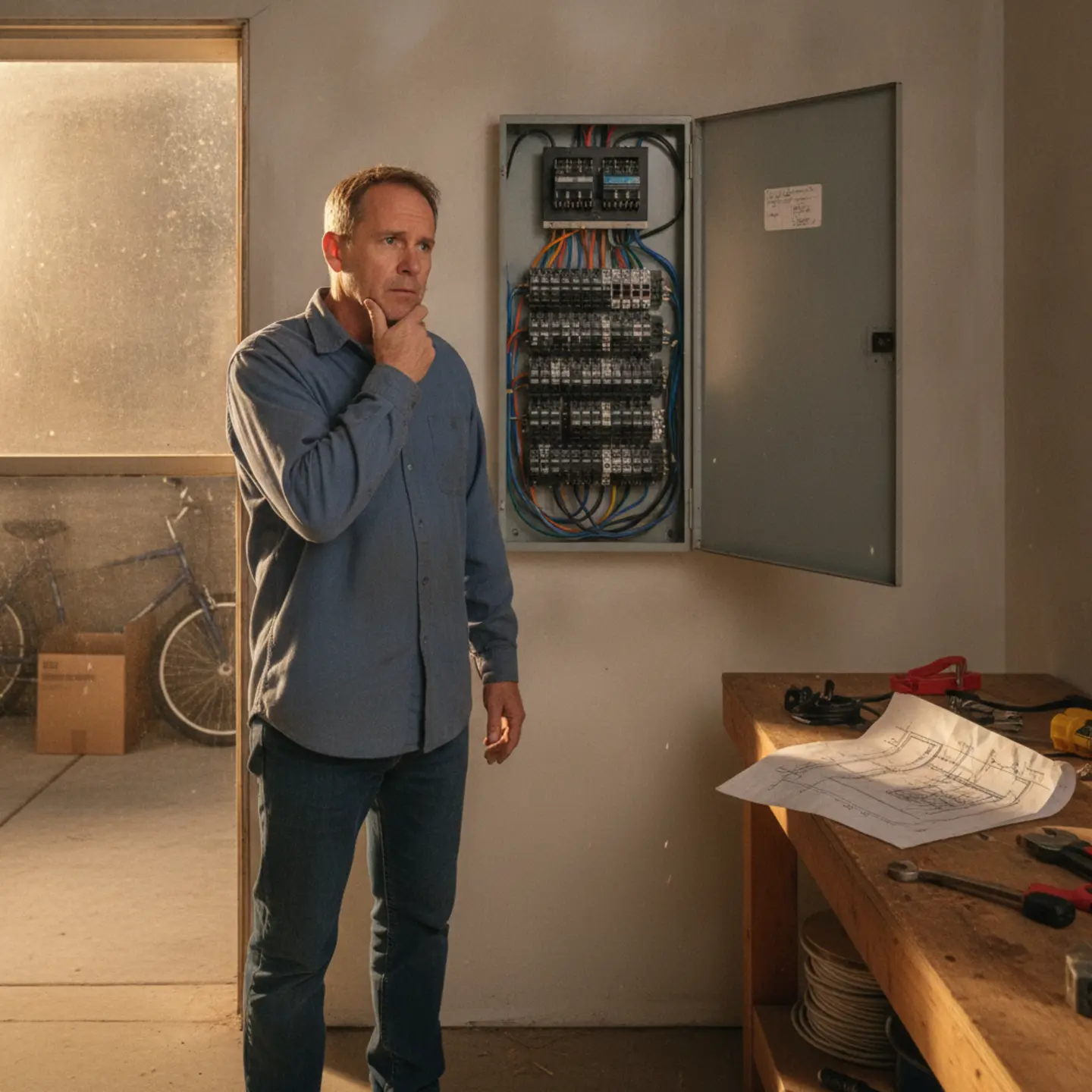Homeowner examining electrical panel breakers in garage, considering panel size upgrade
