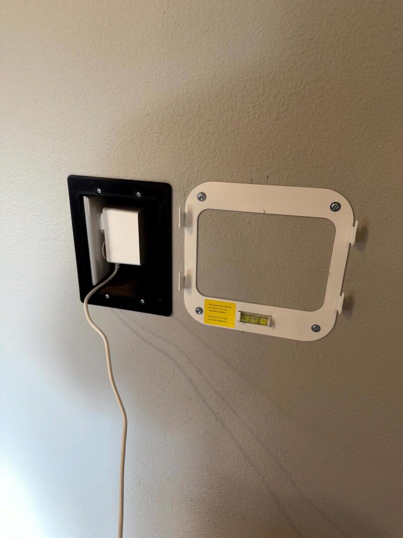 Recessed outlet flush-mounted in wall with charging cable, seamless modern installation