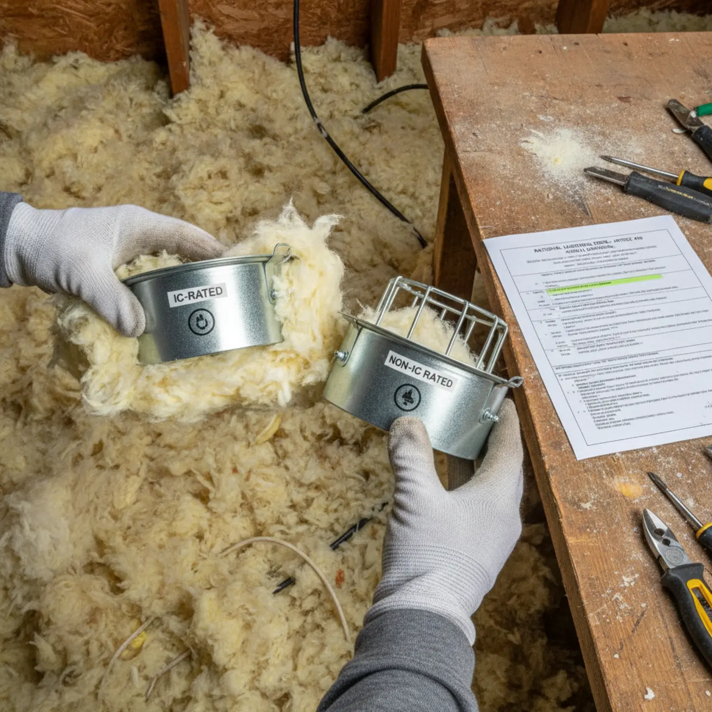 IC-rated vs non-IC-rated recessed lighting housings compared during attic installation