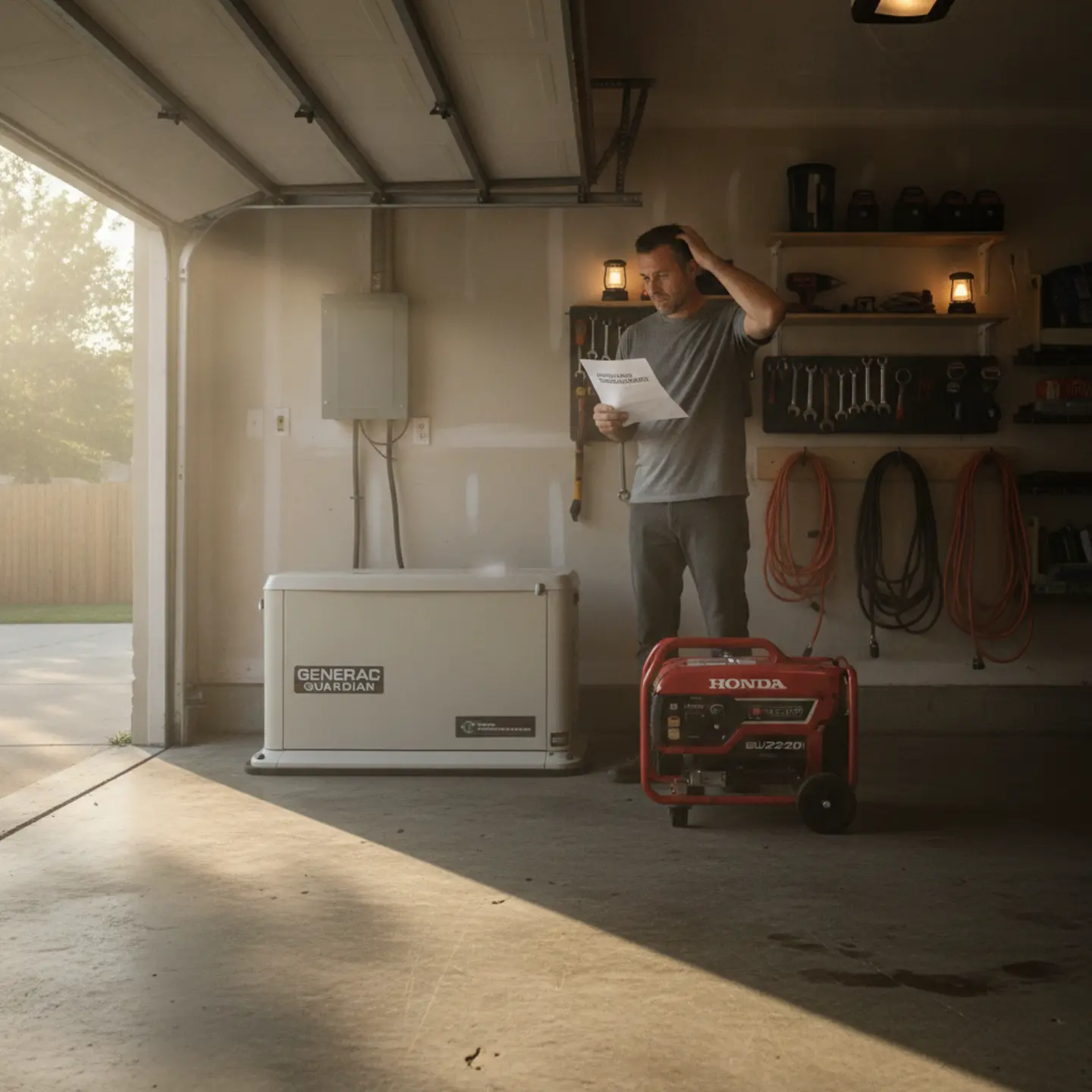 Homeowner comparing standby and portable generators in garage with pricing quotes