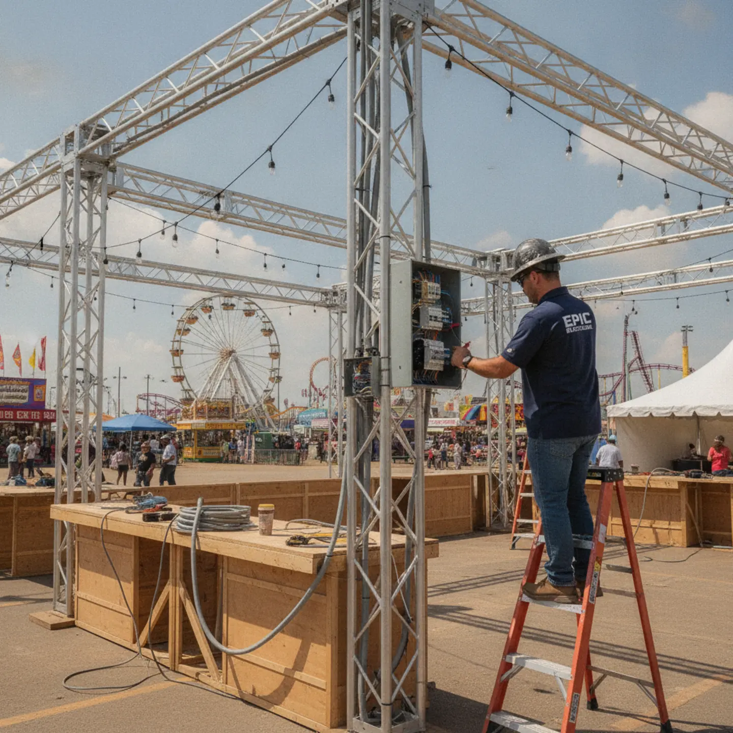 Electrician installing temporary power system for State Fair of Texas exhibitor booth