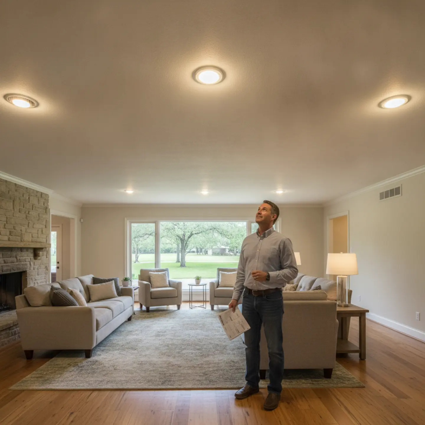 Homeowner examining three types of recessed lighting fixtures installed in a Dallas home ceiling