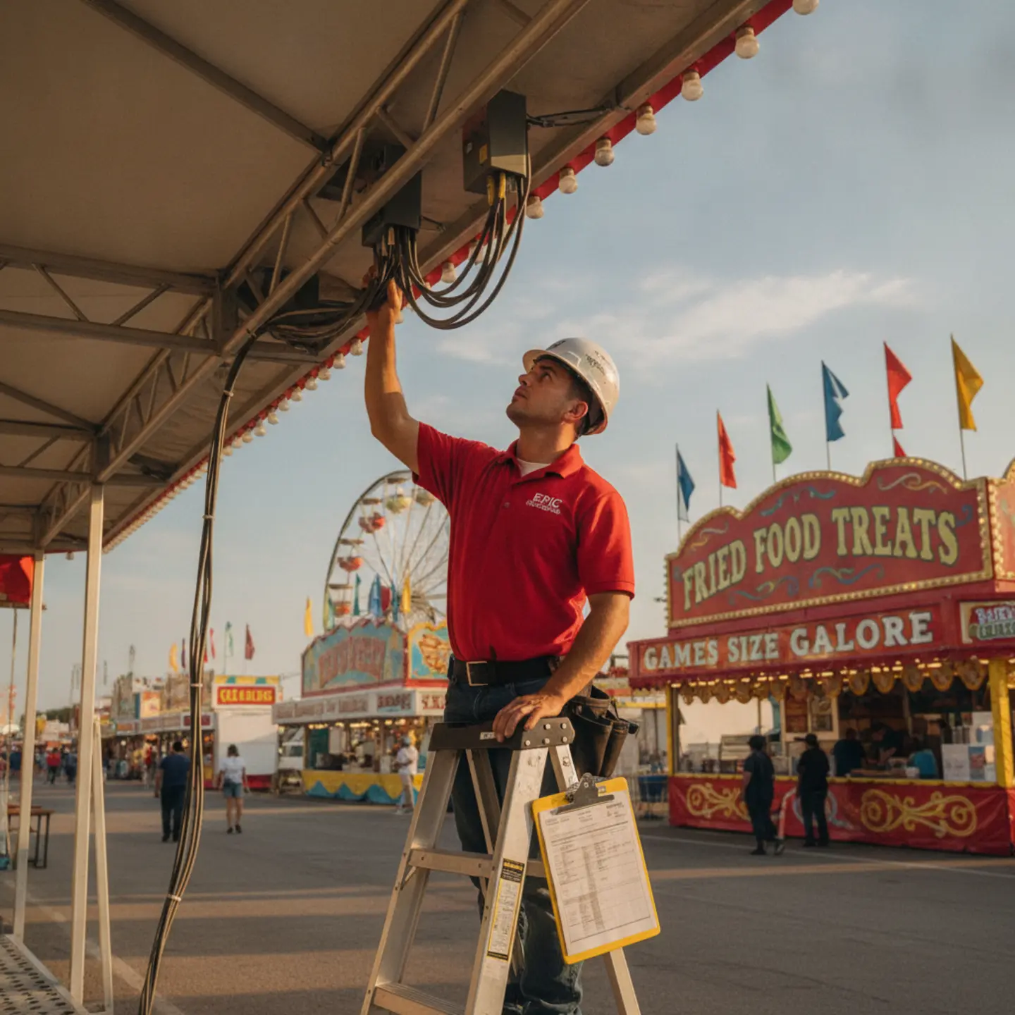 State Fair of Texas approved electrician installing power at vendor booth